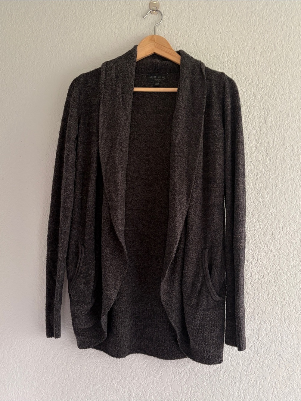Barefoot Dreams CozyChic Lite Cardigan Sweater Dark Gray Open Knit Pockets XS/S